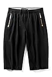 Mr.Stream Herren Capri 3/4 Jogger Sporthose Leicht Atmungsaktiv Sommer Baumwolle Kordelzug ElastischeShorts mit Reißverschlusstaschen 887 Black XL