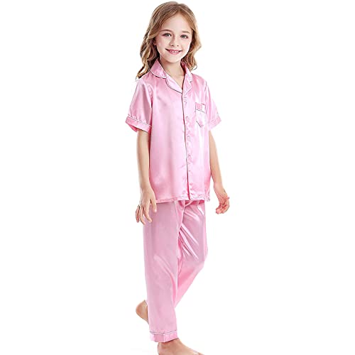 Pijamas Monos para bebés y niños pequeños, de seda satinada, ropa de dormir de manga corta para niños, pijama de 2 piezas con botones, ropa de salón clásica, pantalones Batín Mujer (1-2 Years)