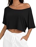 Kistore Womens Short Sleeve Shirts Off Shoulder Crop Tops Loose T Shirt Asymmetrical Neck Going Out Trendy Top Black M