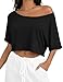 Kistore Womens Short Sleeve Shirts Off Shoulder Crop Tops Loose T Shirt Asymmetrical Neck Going Out Trendy Top Black S