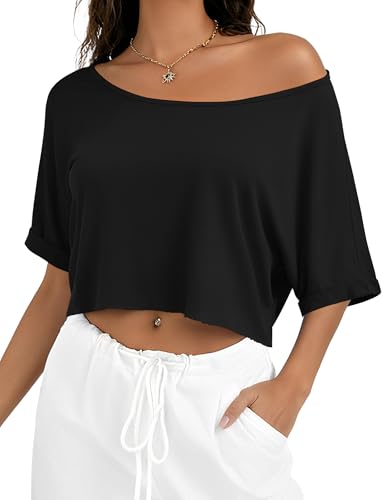 Kistore Womens Short Sleeve Shirts Off Shoulder Crop Tops Loose T Shirt Asymmetrical Neck Going Out Trendy Top Black M