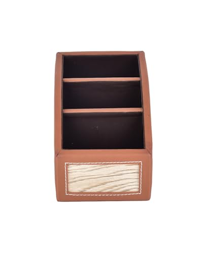 Image of Premsons Classic Remote Holder - 3 Section Tabletop Organizer in Light Brown | Faux Leather with Refined Wooden Finish | Decorative & Practical Organizer - Orange