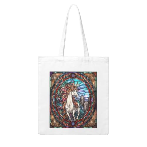 WMWXER Canvas Tote Bag for Women, Vintage Glass Painting Unicorn Animal Lightweight Reusable Shoulder Bag for Grocery Shopping, Work, Beach, Travel and Daily Use,A-575