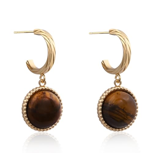 14k Gold Plated Tiger Eye Earrings Dangle Earrings Half Open Hoop Large Drop for Fashion Jewelry