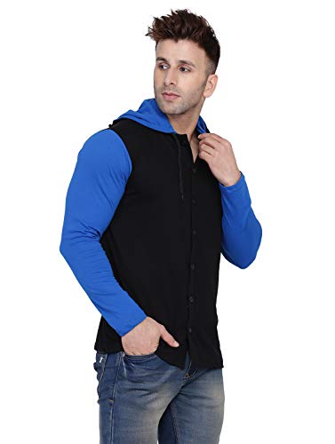 Image of Geum Men's Full Sleeve Hooded T-Shirt with Button-Down Front | Casual Slim Fit Cotton Shirt-Style Tee