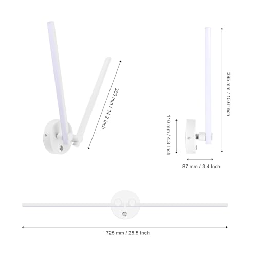 Image of Kawell 12W LED Wall Light Hardwired with Switch 300 Rotatable Arms Modern Sconce Lighting for Living Room Bedroom Hallway Indoor Energy Efficient Fixture, White 6000K