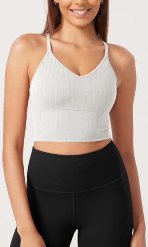 Image of ODODOS Seamless Padded Sports Bra for Women Strappy Longline Wirefree Brami Ribbed Crop Tank Tops, White, Medium-Large