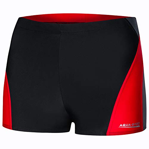Aqua Speed Kastenbadehose Herren + gratis eBook | Kurze Enge UV Boxer Schwimmhosen | Sport Retro Badehose modern | Alex, Gr. M, 136 Black Gray red