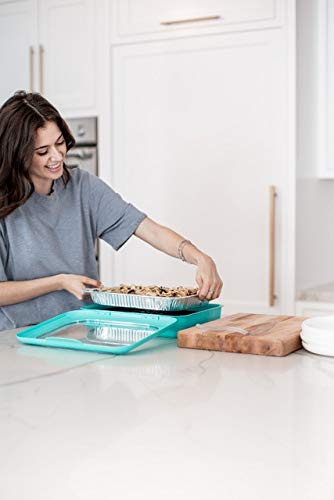 Fancy Panz 2-in-1 Dress Up & Protect Your Foil Pan, Made in USA, Fits 2 size of foil pans. Foil Pan & Serving Spoon Included. Hot or Cold Food. Stackable for easy travel. BPA free (Aqua)