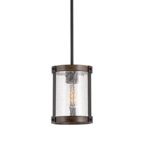 Kira Home Hadley 9" Rustic Farmhouse Pendant Light with Crackle Glass Shade, Hand-Painted Wood Grain Metal, Walnut Wood and Textured Black Finish