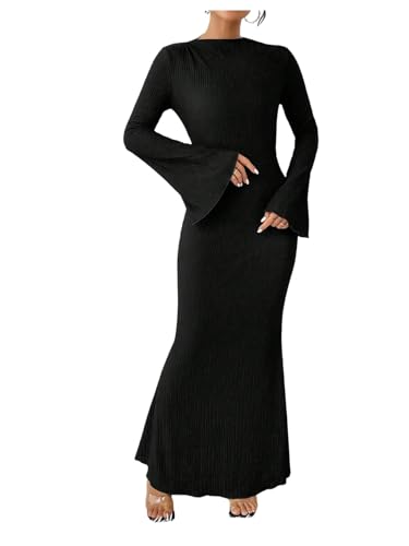 Image of GORGLITTER Women's Bell Long Sleeve Cocktail Maxi Dress Crew Neck Bodycon Fishtail Casual Long Dresses