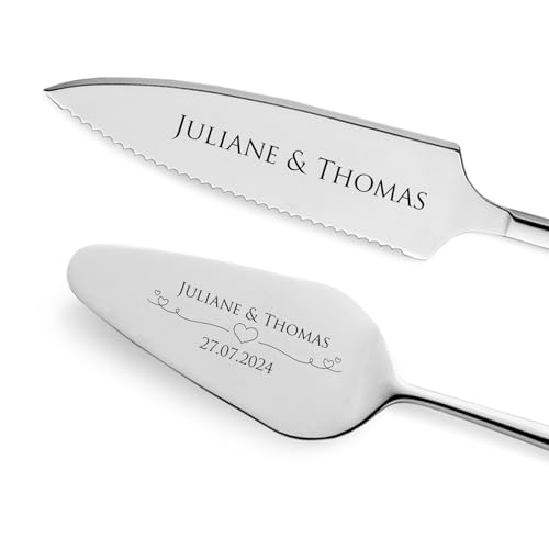 GRAVURZEILE Tortenheber inkl. Tortenmesser mit persönlicher Gravur - Herzen - Geschenk zur Hochzeit - Hochwertiger Edelstahl - Spülmaschinengeeignet - Hochzeitsgeschenke für Brautpaar - Silber