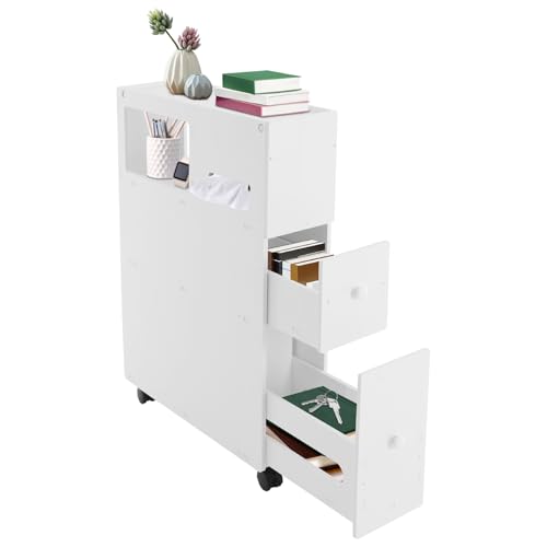 Narrow Floor Bathroom Organizer, Free Standing, with Slide Out Drawers, Next to Toilet, Toilet Paper Holder for Small Spaces, Kitchen, Laundry, Office, Bedroom, (White)