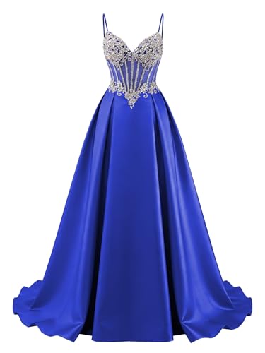 homdor Spaghetti Strap Prom Dresses Satin Corset Evening Gown Crystal Beaded Formal Dress,Royal Blue...