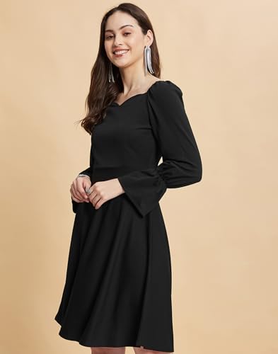 Image of SIRIL Women's Full Sleeve Polyester Solid Fit & Flare Dress, One Piece Dress for Women