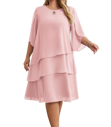 Hanna Nikole Elegantes Chiffon-Kleid für Damen mittellange Ärmel Rundhalsausschnitt gestuftes einfarbiges Midikleid 54