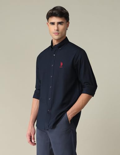 Image of U.S. POLO ASSN. Solid Cotton Shirt for Men - Slim Fit, Spread Collar Mens Casual Shirts