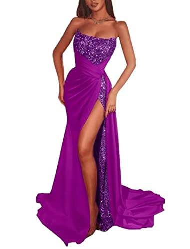 Robe de soirée en satin violette fente confortable taille 44