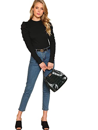 Floerns Women's Solid Puff Sleeve Crew Neck Casual T Shirt Top Aa Black M #TOP6