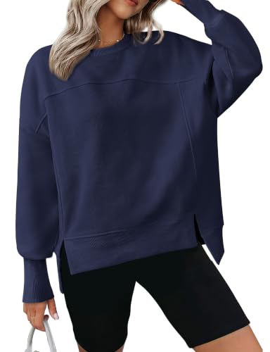 BTFBM Women's Casual Crewneck Sweatshirts 2026 Spring Long Sleeve Side Slit Workout Fleece Pullover Top Fall Fashion Clothing(Navy, Medium)