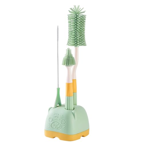 Malalife 3 in 1 Baby Silicone Bottle Brush Set Multipurpose Bottle Cleaner Bottle Brush with Storage Holder Food Grade Silicone Effortless Scrubbing Baby Bottle Cleaning Brush (Green)