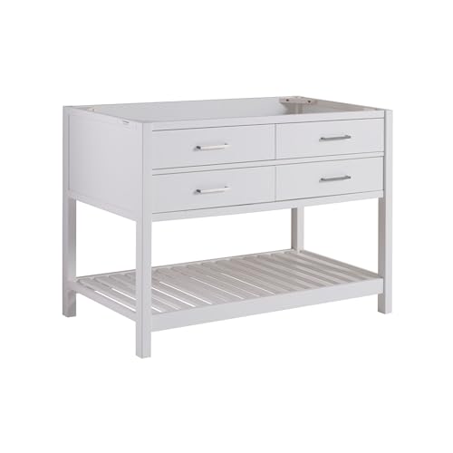 Harrison 48 in. W Vanity Cabinet Only, Bathroom Storage with Two Soft Close Drawers and Slatted Shelf, Nickel Hardware, Adjustable Height Levelers, Solid Pine Wood Construction, White