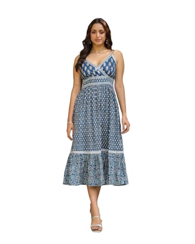 Image of SAVI Women's Cotton Printed Midi Dress | Sleeveless V-Neck A-Line Flared Kurti Style Long Dress | Casual Summer Ethnic Wear for Women