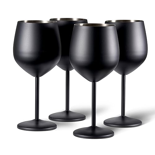 Oak & Steel - 4 Edelstahl Weingl&auml;ser (540ml) - Schwarz Matte - Robust & Unzerbrechlich - Geschenkset f&uuml;r Geburtstage & Weihnachten, Tischdeko f&uuml;r Halloween