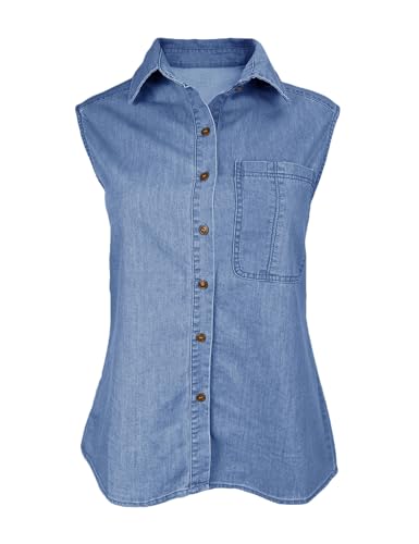 Orchidays Women's Denim Tank Top V Neck Button Down Collared Sleeveless Shirts Casual Blouse Tops3
