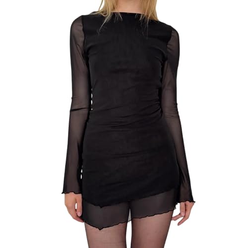 Image of JUMISEE Women's Sexy Backless Leopard Print Mini Dress Mesh Sheer Flared Long Sleeve Bodycon Dress Y2K Casual Dresses