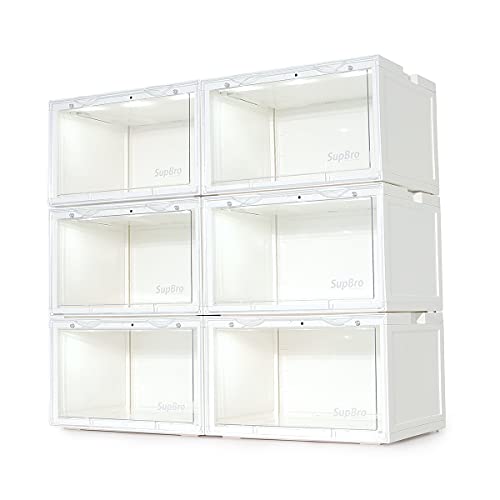 SupBro Led Collection Crate - Voice Control - Easy Access Storage Shoes box, Stackable Shoe Storage with clear plastic door for sneakers - (10.4 x 13.2 x 8.1 inch (6pack), White)