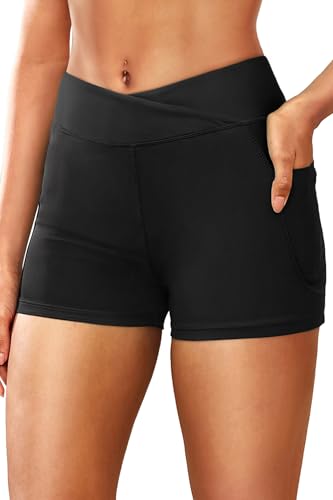 Women 3' High Waisted Swim Board Shorts V Cross Boy Shorts Swim Bathing Suit Bottoms Swimwear with Pockets Black M