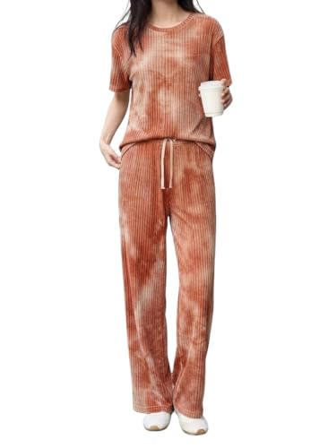 Image of SMOWKLY Korean Night Dress |Summer wear | Lounge Wear |Everyday Pyjama Set |Tie-dye Relaxed Fit Stylish Pajama Sets | Short Sleeve Top & Long Pant Sleepwear Pjs Lounge Set Co-ords Outfit with Pockets
