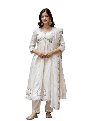 Image of TRENDMALLS Women's Chanderi Silk Embroidery Work Salwar Suit Set Kurta Pant with Dupatta For Women