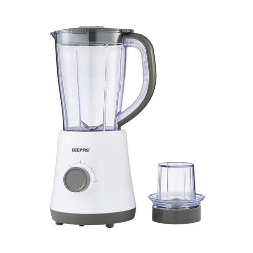 GEEPAS 2-in-1 Food Jug Blender | 1.5L Juice Jar & 60G Mini Coffee Spice Grinder Mill 4-Leaf Stainless-Steel Blades 2 Speed & Pulse Lockable Lid Smoothie Maker for Ice Crushing 2 Yr Warranty 500W Grey
