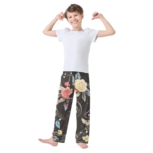 Music Note Rose Floral Boys Long Pants Soft Trousers Elastic Waist Kids Lounge Bottoms with Pockets S-XL3