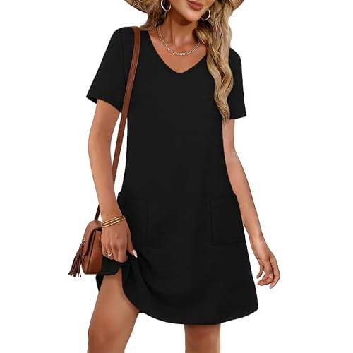 CHICGAL Summer Dresses for Women V Neck Short Sleeve Casual Loose T Shirt Sundress Beach Cover Ups with Pockets 2026