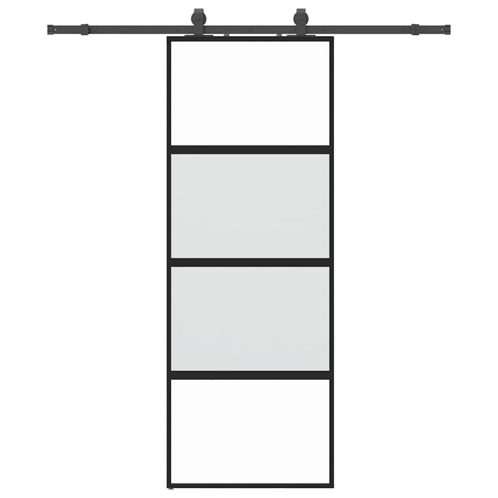 Drzwi przesuwne 76 x 205 cm, szkło hartowane, aluminium, czarne | Zestaw okuć w zestawie, nieprzezroczyste szkło zapewniające prywatność, aluminiowa rama, konstrukcja oszczędzająca miejsce