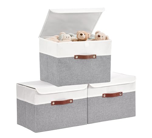 Image of DECOMOMO Foldable Storage Bin with Lids [3-Pack] Collapsible Sturdy Cationic Fabric Storage Basket Box Container W /Handles for Organizing Shelf Nursery Linen (Grey & White, 15 x 11 x 11 inch - 3 Pack)