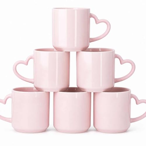 Image of Ceramic Coffee Mug with Heart Handle, Pink, Stoneware, Microwave & Dishwasher Safe, Set of 6