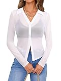 Avanova Women Sheer Mesh Sexy Top Button Down Slim Fit Long Sleeve Blouse Shirt White Large