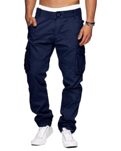 YAOHUOLE Cargo Trousers for Men Cargos Pants Combat Work Pants Casual Outdoor Trousers with Multi Pockets Navy Blue M-32