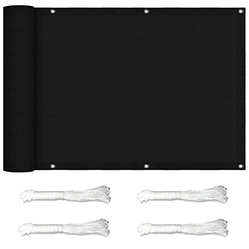 Balcony 1.1x6m Balcony Screen Balcony Shield Fence HDPE Sun Protection with Eyelets and Cord and Cable Ties Attached for Yard Lawn Pergola Decking Pool Patio Black
