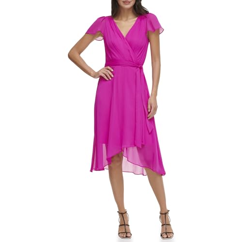 Image of DKNY Women's Flutter Sleeve Surplice Tie Fit & Flare Midi Dress