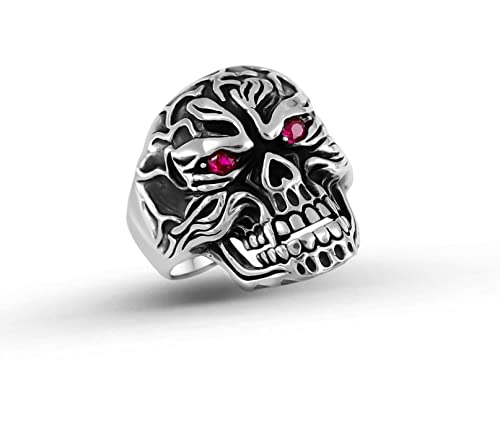 Solid 925 Sterling Silver Ruby Color Red Eyes Retro Gothic Biker Skull Luxury Men's Ring
