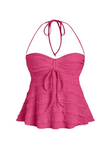 SOLY HUX Womens Peplum Halter Crop Tops Y2K Drawstring Tie Ruched Dressy Casual Spaghetti Strap Cami Top Hot Pink Small