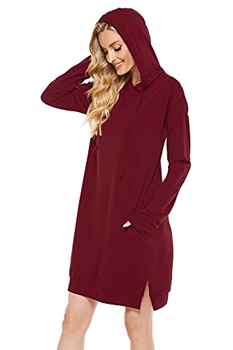 Maintain Vigour Women's Lightweight Long Tunic Hoodie Dress Hooded Sweatshirt Casual Long Sleeve Pullover with Pocket (Wine,Large)