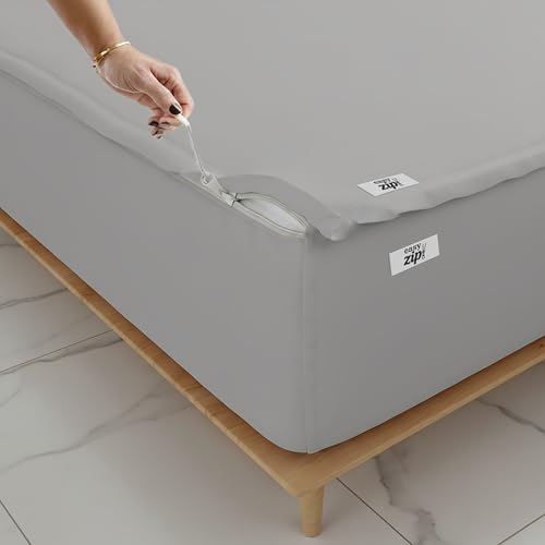 Zipper Fitted Sheet Easy Zip On Sheets Queen Zip Sheets 60x80 Inch - Easy Change 1 Base + 2 Zipper Sheet | 500TC 100% Cotton - 18 Deep Pockets | Wont Pop Off | Queen Size - Silver Grey