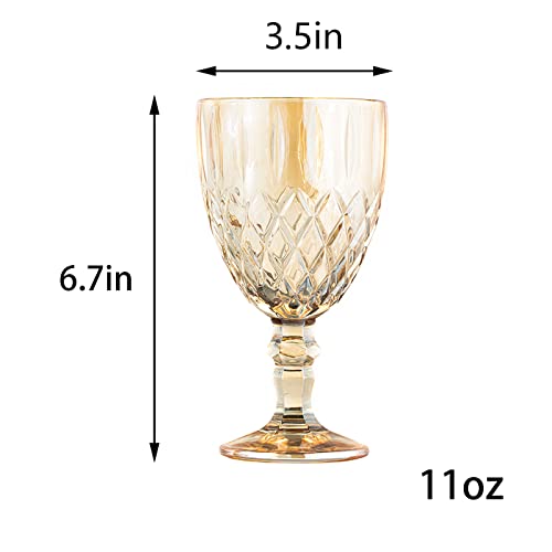Vintage Wine Glasses Set Of 6, 11 Ounce Colored Glass Water Goblets, Colorful Unique Embossed Pattern High Clear Stemmed Glassware Wedding Party Bar Drinking Cups Gold Amber 6 Pack #TOP6
