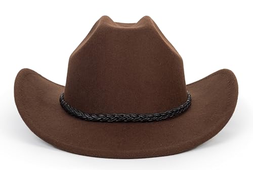 Image of Classic-Western-Cowboy-Hat Upturn-Brim Felt-Cowgirl-Hat Rodeo-Hats with Belt for Women Men (Fit for 22.4-23.2 inch)